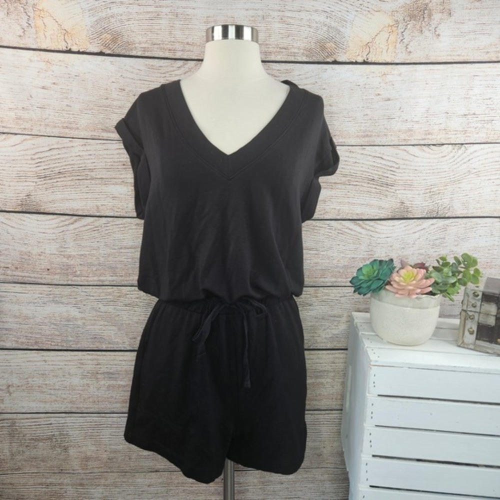 Lou & Grey Petites Black Signature Soft Drawstring V Neck Romper